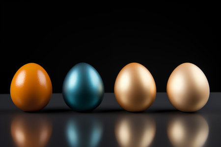 Colorful glossy eggs on reflective black surface.の素材