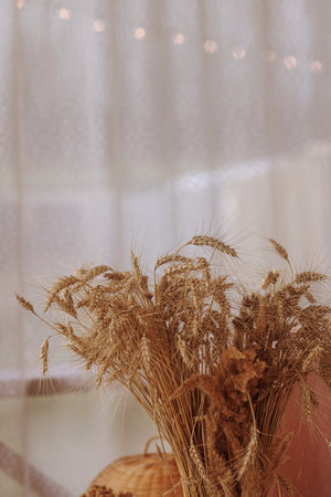 Dried wheat bouquet, soft curtain background.の写真素材