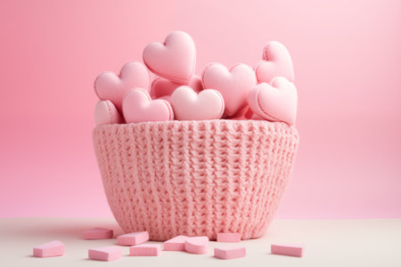 Pink heart candies in knitted bowl, pastel background.の素材