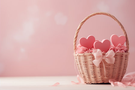 Hearts and ribbons in basket on pink.の素材