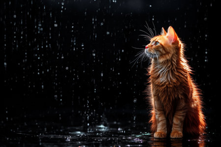 Illuminated cat in rain, dark backdropの素材