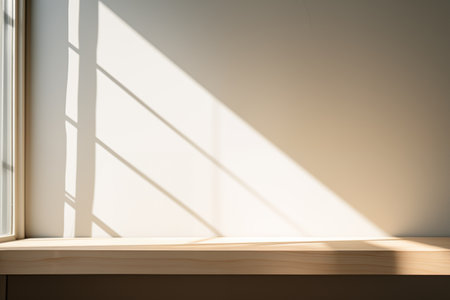 Diagonal sun rays from a window on a beige empty wallの素材