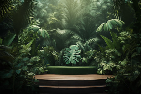 Green podium in lush tropical foliageの素材