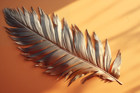 Blue feather casting shadow on orange.の素材