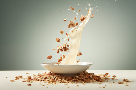 Milk pouring into cereal, dynamic breakfast scene.の素材