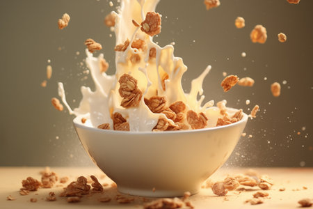 Milk pouring into cereal, dynamic breakfast scene.の素材