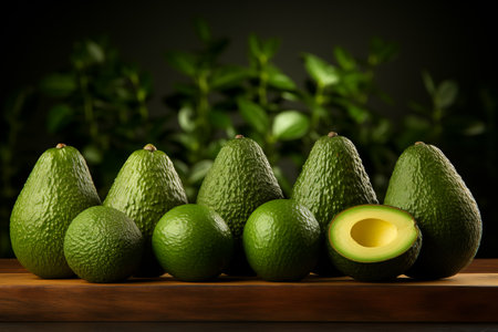 Ripe avocados on wooden shelf.の素材