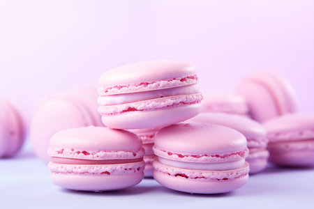 Pink macarons stacked, light purple background.の素材