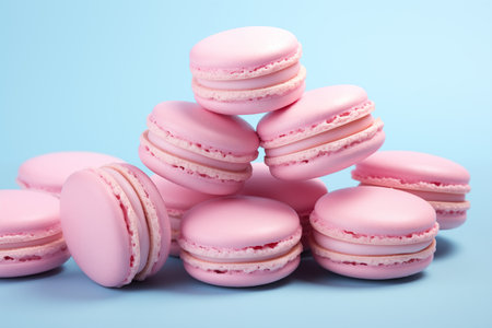 Stacked pink macarons on vibrant blue background.の素材