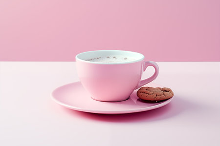 Pink coffee cup with cookies.の素材