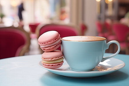 Pink macarons and coffee on table.の素材