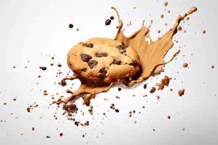 Chocolate chip cookie splashing into milk.の素材