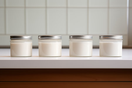 Four candles in jars on shelf.の素材