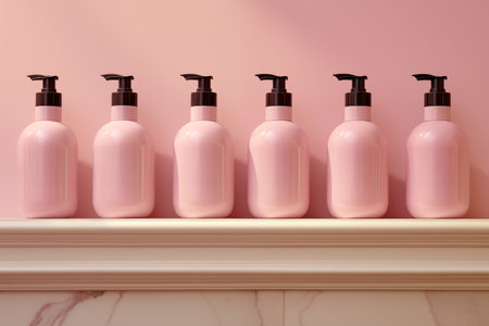 Pink skincare product bottles lined up.の素材