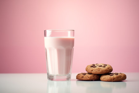 Milk glass, chocolate chip cookies.の素材