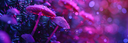 Dew-kissed mushrooms in an enchanted forest, radiating a magical, ethereal vibe. Perfect for fantasy themes, nature art, and environmental concepts.の素材