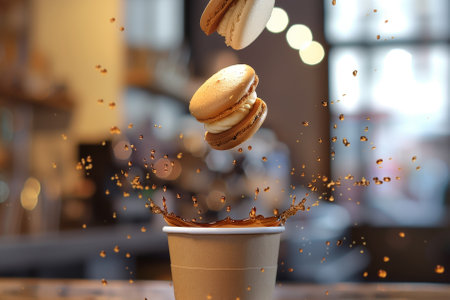 A cup of coffee with two macarons in the air. The scene is playful and fun, with the macaronsの素材