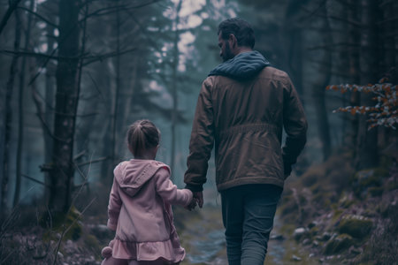 A man holds a little girl in the forest. The girl is wearing a pink sweatshirt. Disturbing scene, kidnapping of childrenの素材