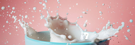 A bowl of cereal is falling into a bowl of milk, creating a splash. The image has a playful and fun mood, as it shows the cerealの素材