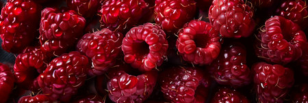 A close up of a bunch of red raspberries. The raspberries are ripe and ready to be eatenの素材