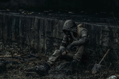 A man in dark green camouflage and a gas mask sits among the ruins of the city.の写真素材