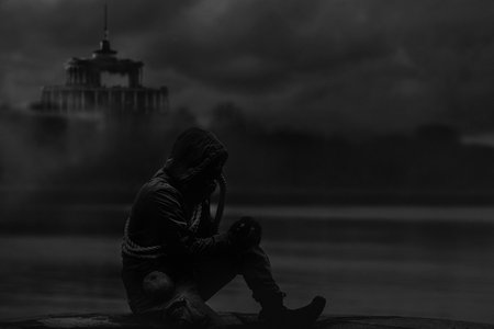 A dark silhouette of a man in a gas mask against the backdrop of a war-torn city.