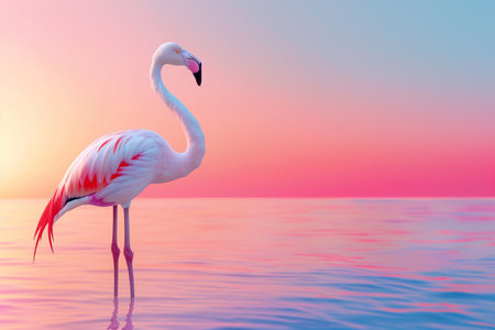 A pink flamingo stands in the water next to a pink and blue ocean. The flamingo is the main focus of the image, and the colors of the ocean and sky create a serene and peaceful moodの素材