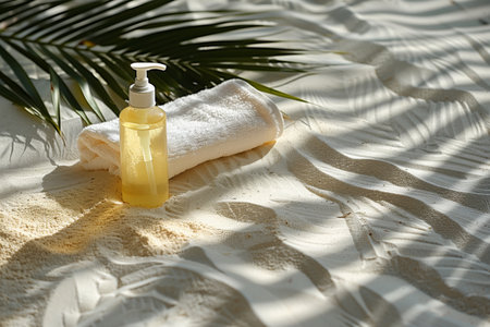 A bottle of lotion is on a towel on the beach. The scene is peaceful and relaxing, with the sun shining down on the lotion bottle and towelの素材