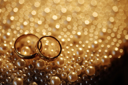 Two gold wedding rings are placed on a bed of pearlsの写真素材