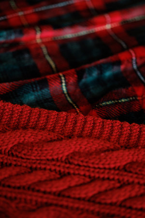 A close up of a red knit sweaterの写真素材