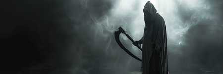 A skeleton is holding a large, sharp weapon. The image has a dark and ominous mood. The skeleton is standing in a foggy, misty atmosphereの素材
