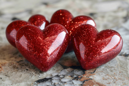 A group of red hearts with glitter on them. The glitter adds a sparkle and shine to the hearts, making them look even more beautiful and romantic. The hearts are arranged in a rowの素材