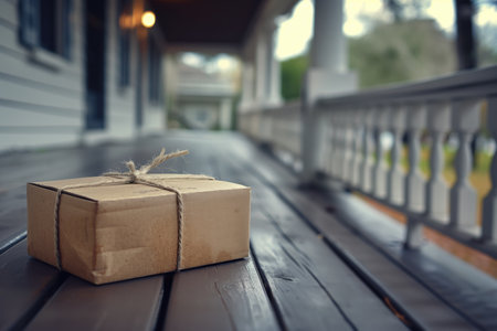 A brown cardboard box with a string tied to it sits on a wooden bench. The box is likely a gift, and the string tied to it suggests that it has been recently deliveredの素材