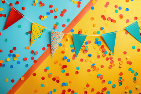 A colorful banner with a red and blue flag hanging from a string. The banner is surrounded by a lot of colorful confetti. The banner and confetti create a festive and celebratory moodの素材