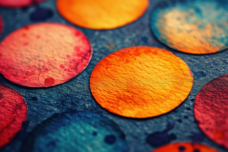 A colorful painting of many small circles with a blue background. The circles are of different sizes and colors, and they appear to be overlapping each other. The painting has a playfulの素材