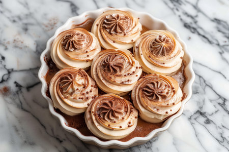 A white and brown dessert with chocolate sprinkles on top. The dessert is in a white dish and is placed on a marble countertopの素材