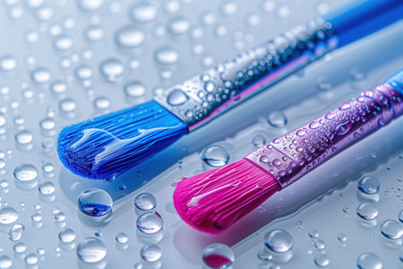 Two paintbrushes with blue and pink bristles are sitting on a wet surface. The water droplets on the surface create a reflective and calming atmosphereの素材