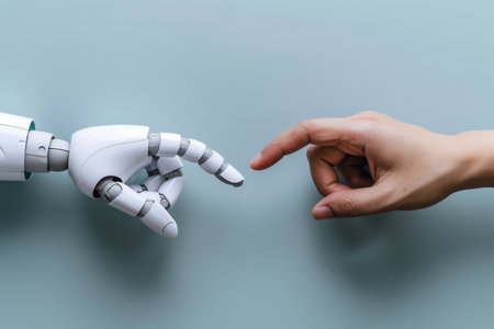 A robot hand is touching a human hand. Concept of connection and interaction between the two entitiesの素材