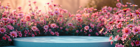 A beautiful garden with pink flowers and a blue pedestal in the center. The flowers are in full bloom and the colors are vibrantの素材