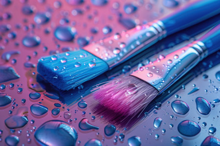 Two paintbrushes are sitting on a wet surface. The brush on the left is blue and the brush on the right is pinkの素材