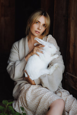 Country woman standing near old wooden house with white rabbit in her arms.の写真素材