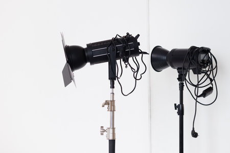 Professional lighting equipment isolated on white, set. Copy space.
