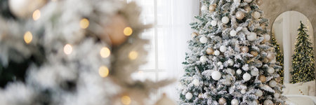 BAnner a large Christmas tree with many ornaments sits in front of a windowの写真素材