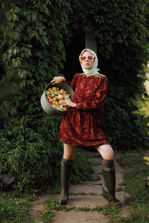A fashionable woman in a red dress is holding a bucket full of applesの写真素材