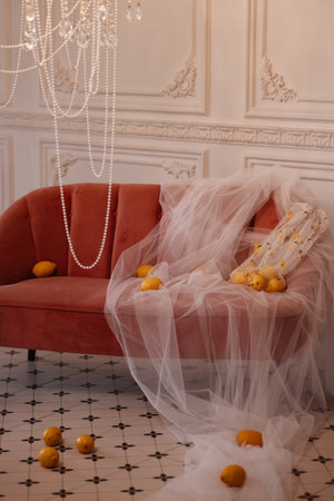 Velvet sofa with lemons and tulle in classic room with white ornate wall and chandelier