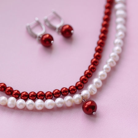 Red and white beaded necklace with matching earrings on pink satin backgroundの写真素材
