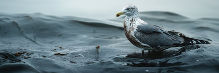 A seagull is standing on the water. The water is dark blue. The seagull is dirtyの素材