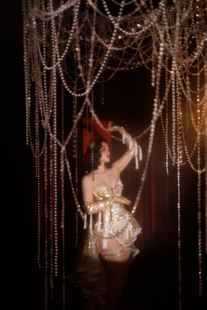 Circus-inspired retro burlesque dancer posing in golden corset with theatrical decorの写真素材