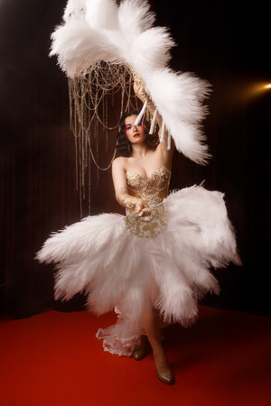 Young woman in vintage corset costume posing under chandelier on dark backgroundの写真素材