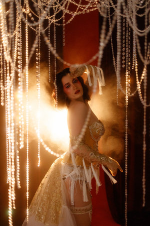 Circus-inspired retro burlesque dancer posing in golden corset with theatrical decorの写真素材